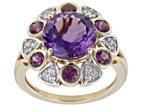 Canela Amethyst With Rhodolite, White Zircon 18k Yellow Gold Over Sterling Silver Ring