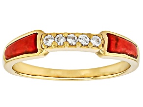 Red Sponge Coral With White Zircon 18k Yellow Gold Over Sterling Silver Ring 0.06ctw