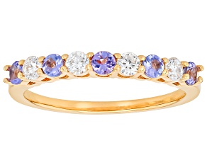 Tanzanite With White Prazana® Lab Diamonds 18k Yellow Gold Over Silver Ring 0.56ctw