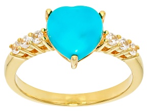 Sleeping Beauty Turquoise With White Zircon 18k Yellow Gold Over Sterling Silver Ring 0.15ctw