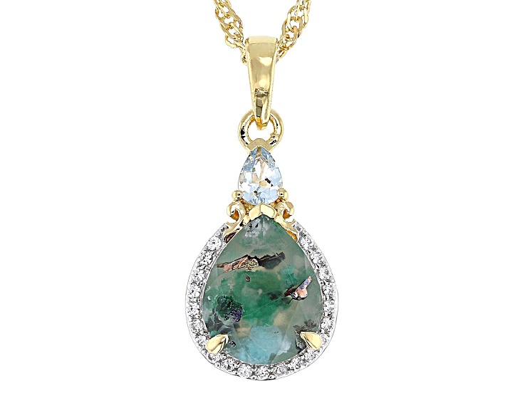 Aquadite® Chalcedony, Aquamarine, Zircon 18k Gold Over Sterling Silver Pendant With Chain 1.99ctw