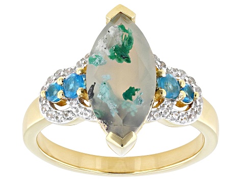 Aquadite® Chalcedony, White Zircon, Neon Apatite 18k Yellow Gold Over Sterling Silver Ring