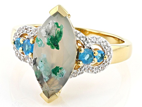 Aquadite® Chalcedony, White Zircon, Neon Apatite 18k Yellow Gold Over Sterling Silver Ring