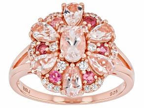 Morganite With Pink Tourmaline and White Zircon 18k Rose Gold Over Sterling Silver Ring 1.65ctw