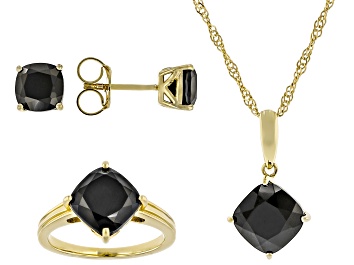 Picture of Black Spinel 18k Yellow Gold Over Sterling Silver Ring, Earrings & Pendant With Chain Set 9.69ctw