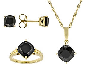 Black Spinel 18k Yellow Gold Over Sterling Silver Ring, Earrings & Pendant With Chain Set 9.69ctw