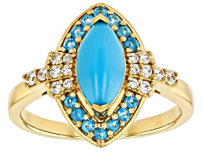 Sleeping Beauty Turquoise, Neon Apatite And Zircon 18k Yellow Gold Over Sterling Silver Ring 0.43ctw