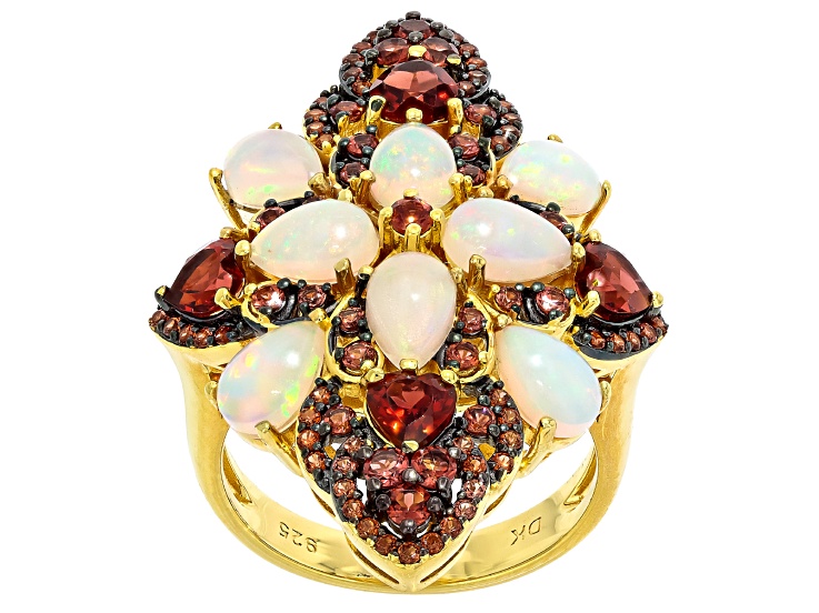 Ethiopian Opal, Garnet 18k Yellow Gold Over Sterling Silver Ring 3.45ctw