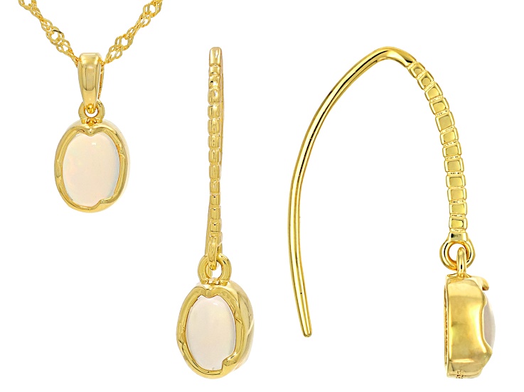 Ethiopian Opal 18k Yellow Gold Over Sterling Silver Earrings & Pendant With Chain 1.27ctw