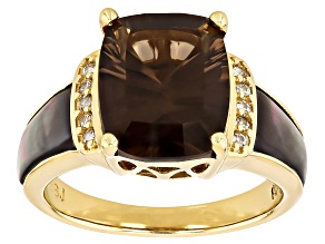 Smoky Quartz With White Zircon & Mother-Of-Pearl 18k Yellow Gold Over Sterling Silver Ring 4.34ctw