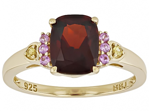 Garnet With Pink Lab Created & Yellow Lab Created Sapphire 18k Yellow Gold Over Silver Ring 2.38ctw