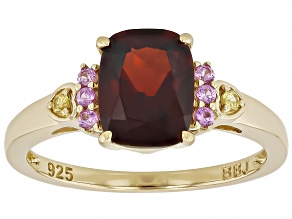 Garnet With Pink Lab Created & Yellow Lab Created Sapphire 18k Yellow Gold Over Silver Ring 2.38ctw