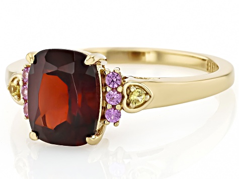 Garnet With Pink Lab Created & Yellow Lab Created Sapphire 18k Yellow Gold Over Silver Ring 2.38ctw