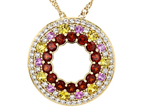 Red Garnet, Pink Lab & Yellow Lab Sapphire, White Zircon 18k Yellow Gold Over Silver Pendant/Chain