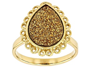 Golden Druzy Quartz 18K Yellow Gold Over Sterling Silver Ring 3.61ct