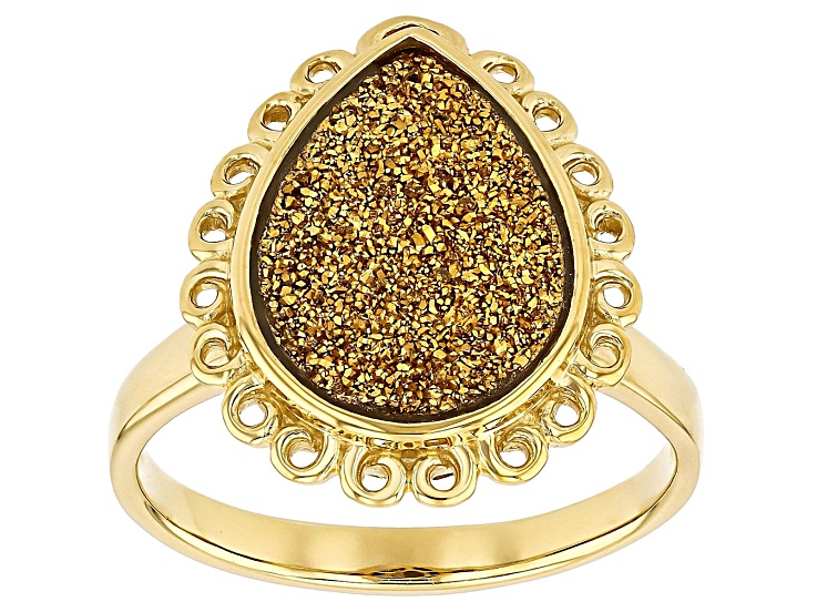 Golden Druzy Quartz 18K Yellow Gold Over Sterling Silver Ring 3.61ct