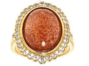 Orange Sunstone with White Zircon 18K Yellow Gold Over Sterling Silver Ring 0.46ctw