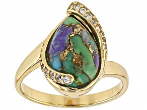 Multi Color Mohave Composite Turquoise With White Zircon 18k Yellow Gold Over Silver Ring 0.19ctw