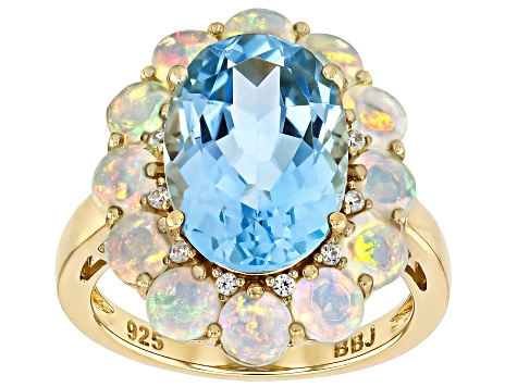 Blue Topaz With Opal and White Zircon 18k Yellow Gold Over