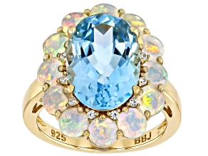 Blue Topaz With Opal and White Zircon 18k Yellow Gold Over Sterling Silver Ring 8.14ctw