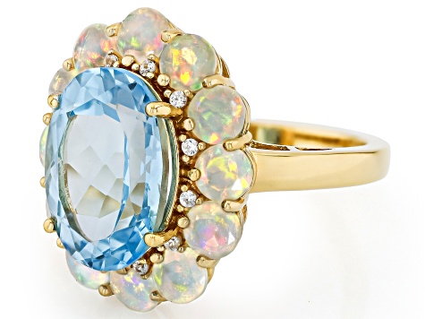Blue Topaz With Opal and White Zircon 18k Yellow Gold Over
