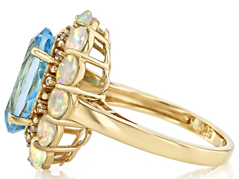 Blue Topaz With Opal and White Zircon 18k Yellow Gold Over