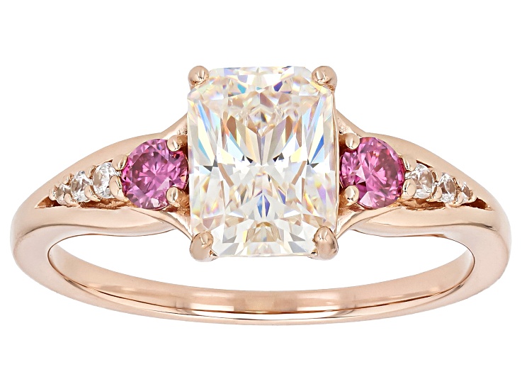 White Strontium Titanate with Pink Moissanite Fire® & Zircon 18k Rose Gold Over Silver Ring 2.35ctw