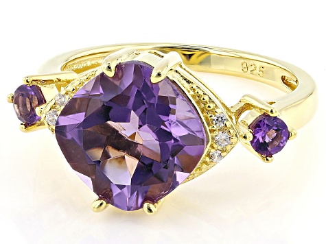 Canela Amethyst With African Amethyst & White Zircon 18k Gold Over Sterling Silver Ring 3.88ctw