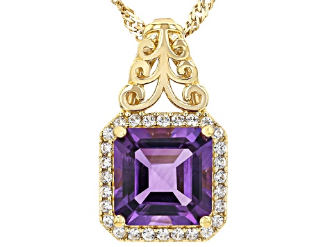 Canela Amethyst With White Zircon 18k Yellow Gold Over Sterling Silver Pendant With Chain 3.15ctw