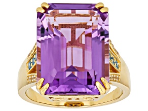 Canela Amethyst, Lab-Grown Blue Diamond & White Zircon 18k Yellow Gold Over Silver Ring 12.88ctw