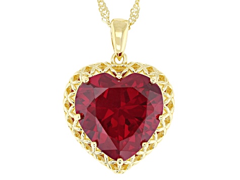 Lab Created Ruby 18k Yellow Gold Over Sterling Silver Heart Pendant With Chain 10.71ct