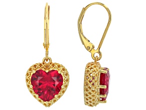 Lab Created Ruby 18k Yellow Gold Over Sterling Silver Heart Earrings 2.98ctw