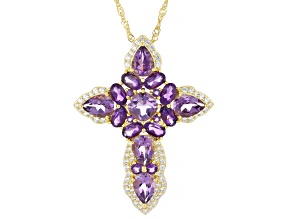 Canela Amethyst With White Zircon 18k Yellow Gold Over Sterling Silver Pendant With Chain 6.45ctw