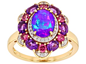 Purple Ethiopian Opal With Multi Gemstones 18k Yellow Gold Over Sterling Silver Ring 2.55ctw