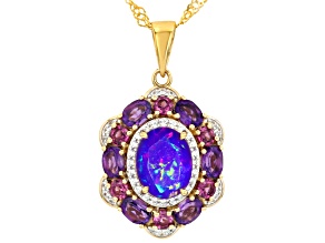Purple Ethiopian Opal With Multi Gemstones 18k Yellow Gold Over Silver Pendant With Chain 2.53ctw