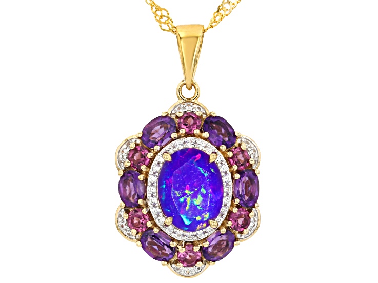 Purple Ethiopian Opal With Multi Gemstones 18k Yellow Gold Over Silver Pendant With Chain 2.53ctw