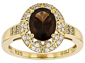 Smoky Quartz with Champagne Diamond & White Zircon 18k Yellow Gold Over Silver Ring 1.80ctw
