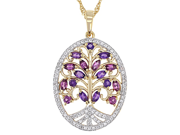 Rhodolite, Amethyst, White Zircon 18k Yellow Gold Over Sterling Silver Pendant With Chain 1.96ctw