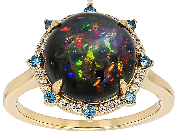 Black Opal, PrazanaÂ® Lab-Grown Diamonds D-F VS2-SI & Zircon 18k Yellow Gold Over Silver Ring 2.92ctw