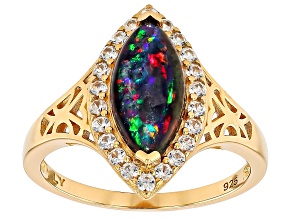 Black Ethiopian Opal With White Zircon 18k Yellow Gold Over Sterling Silver Ring 1.17ctw