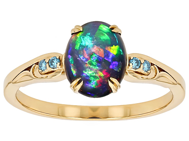 Black Ethiopian Opal With Blue Lab Grown Diamond D-F VS2-SI 18k Yellow Gold Over Silver Ring 0.97ctw