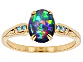 Black Ethiopian Opal With Blue Lab Grown Diamond D-F VS2-SI 18k Yellow Gold Over Silver Ring 0.97ctw