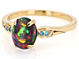 Black Ethiopian Opal With Blue Lab Grown Diamond D-F VS2-SI 18k Yellow Gold Over Silver Ring 0.97ctw