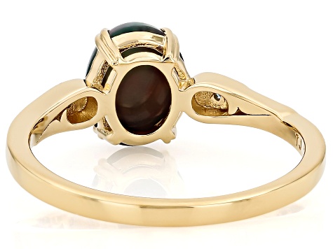 Black Ethiopian Opal With Blue Lab Grown Diamond D-F VS2-SI 18k Yellow Gold Over Silver Ring 0.97ctw