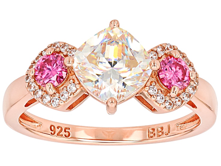 Strontium Titanate with Pink Moissanite Fire® And Zircon 18k Rose Gold Over Silver Ring 2.57ctw