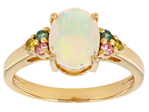 White Ethiopian Opal With Prazana® Lab Grown Diamonds D-F VS2-SI 18k Gold Over Silver Ring 1.13ctw