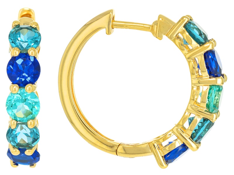 Blue, Green and Teal Lab Created Spinel 18k Yellow Gold Over Silver Hoop Earrings 5.45ctw