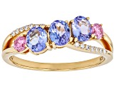 Blue Tanzanite With Pink & White Moissanite Fire® 18k Yellow Gold Over Sterling Silver Ring 1.23ctw