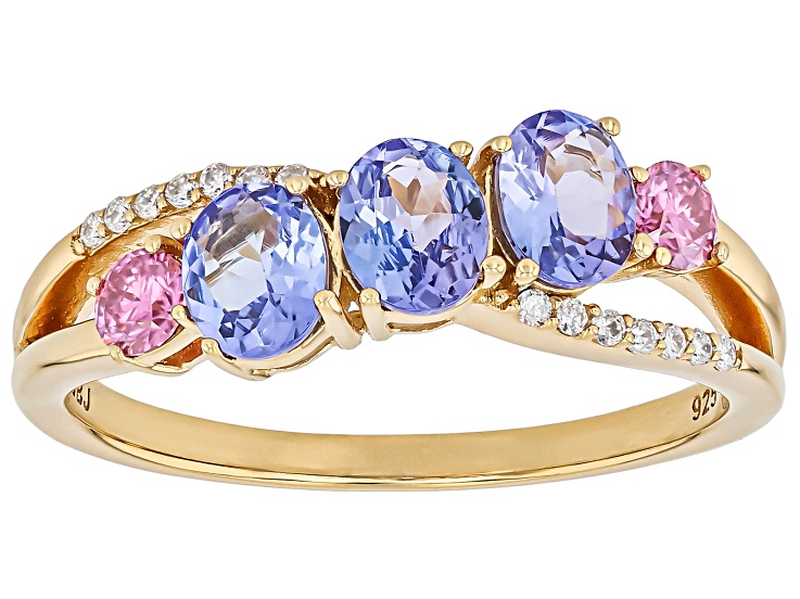 Blue Tanzanite With Pink & White Moissanite Fire® 18k Yellow Gold Over Sterling Silver Ring 1.23ctw