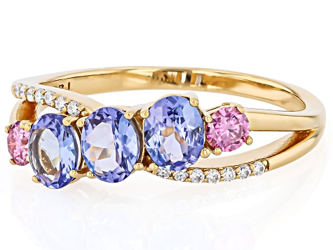 Blue Tanzanite With Pink & White Moissanite Fire® 18k Yellow Gold Over Sterling Silver Ring 1.23ctw